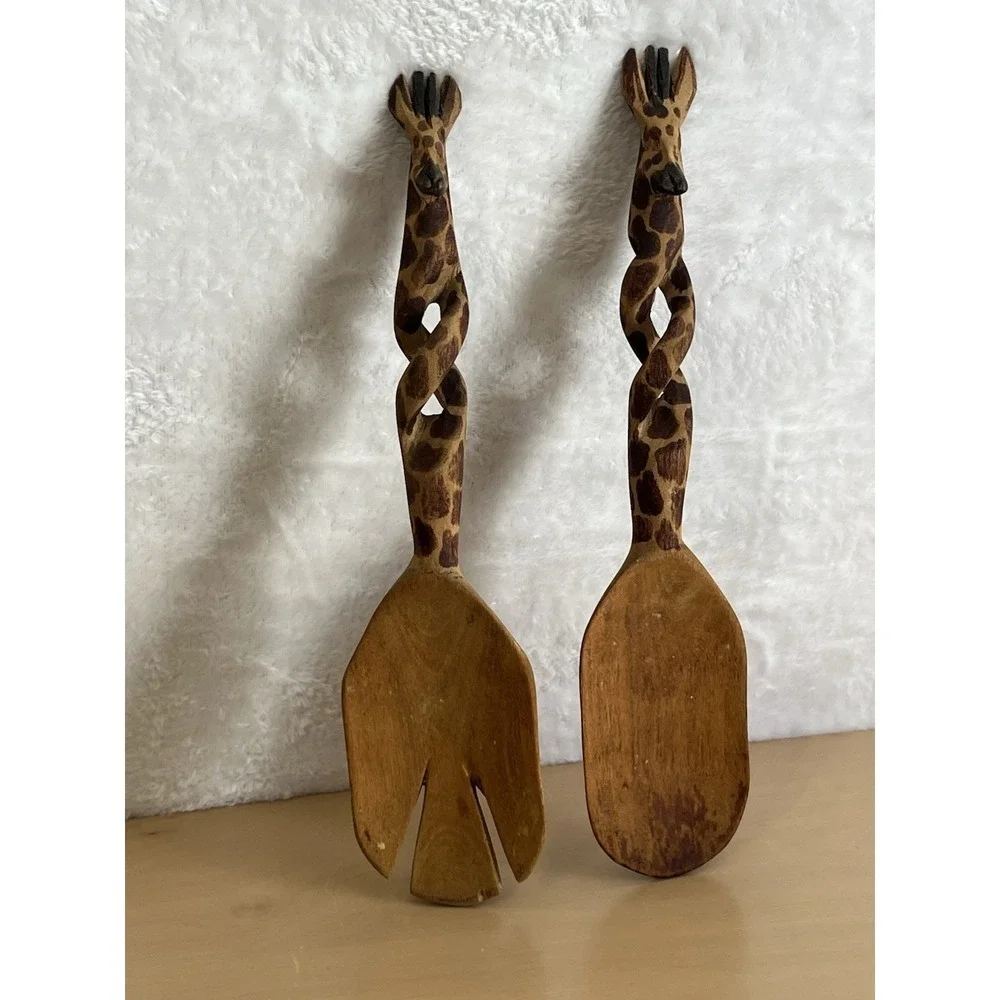 Vintage Carved‎ Wood Giraffe Salad Servers Spoon & Fork Set Hand Painted